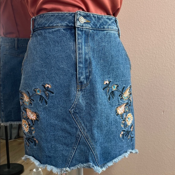 Lunik Dresses & Skirts - Lunik Embroidered Denim Mini Skirt M Blue Floral Frayed Hem Y2K Cottagecore